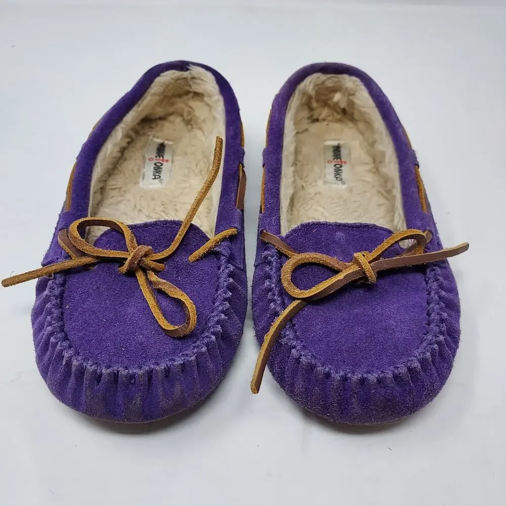 Minnetonka Purple Leather Moccasins Faux Fur Lining Size 2